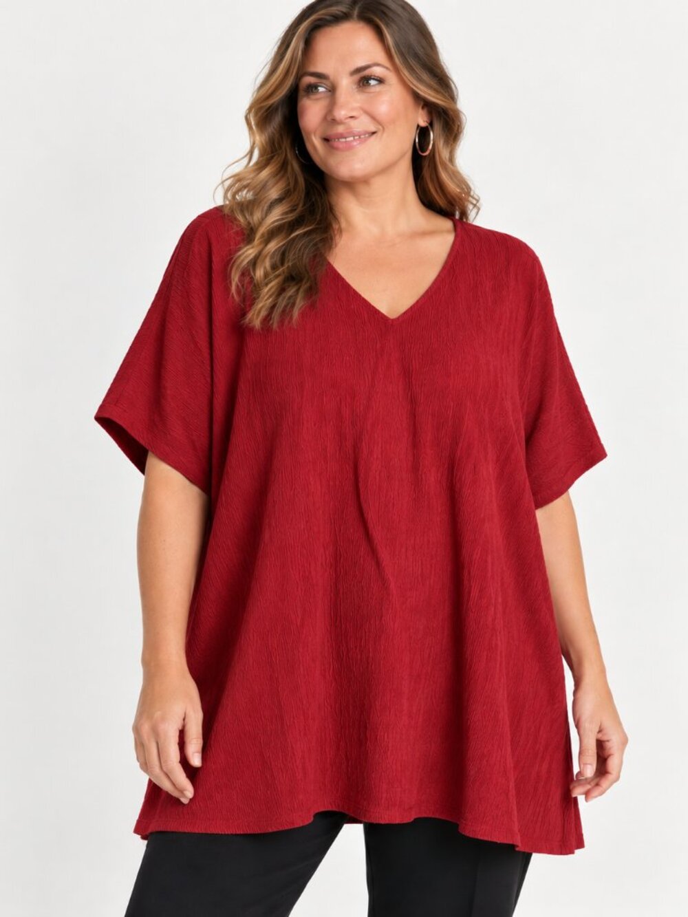 Eileen Fisher Women’s 2X Red V-Neck Textured Tunic Top Relaxed Short Sleeve